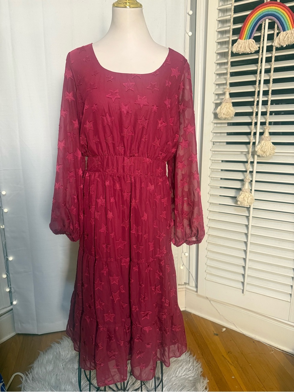 Torrid Size 2 Red Star Print Sheer Babydoll Dress Long Sleeve Boho Plus Size 2X